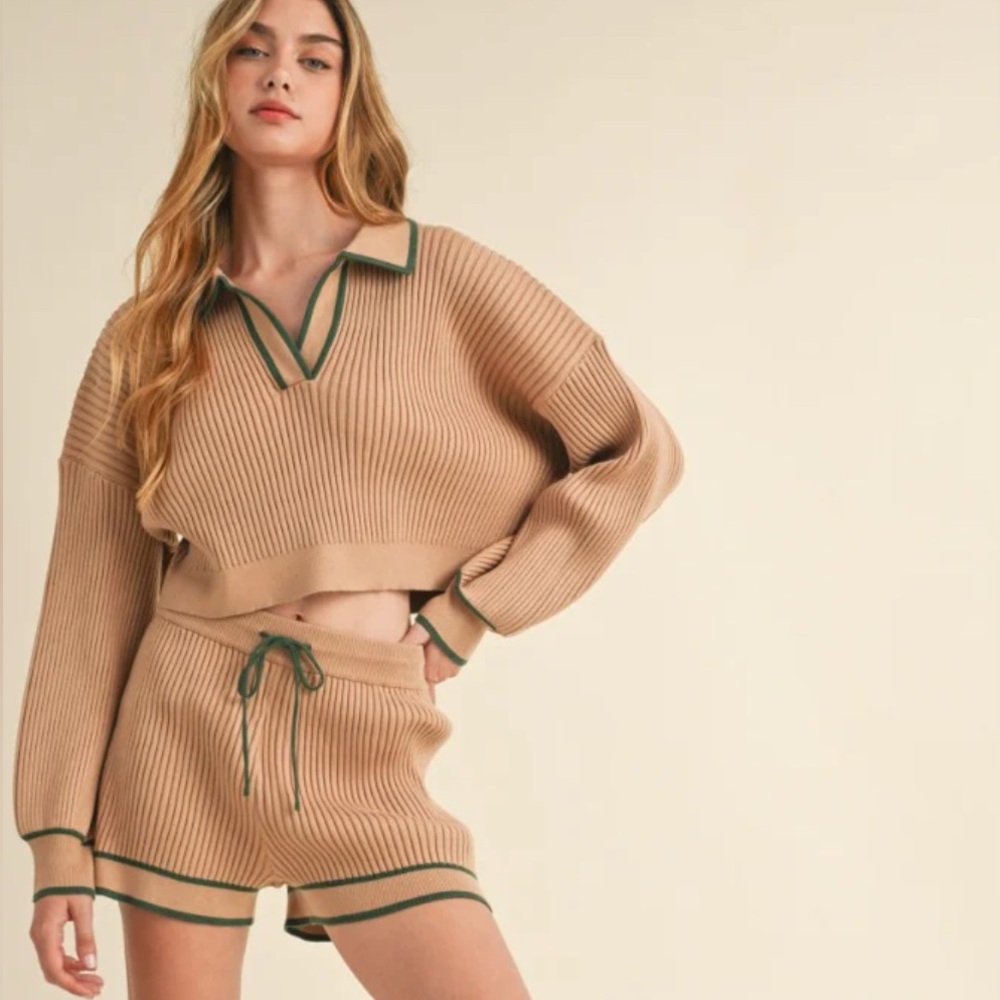 Mable Light Mocha V Neck Collar Knit Short Set